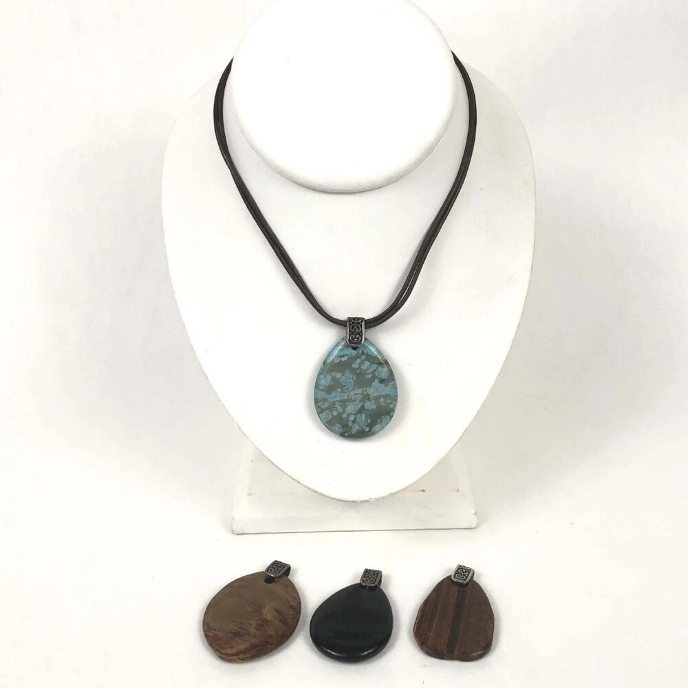 Moss Agate Tigers Eye Jasper Obsidian  Leather Sterling Necklace Interchangeable
